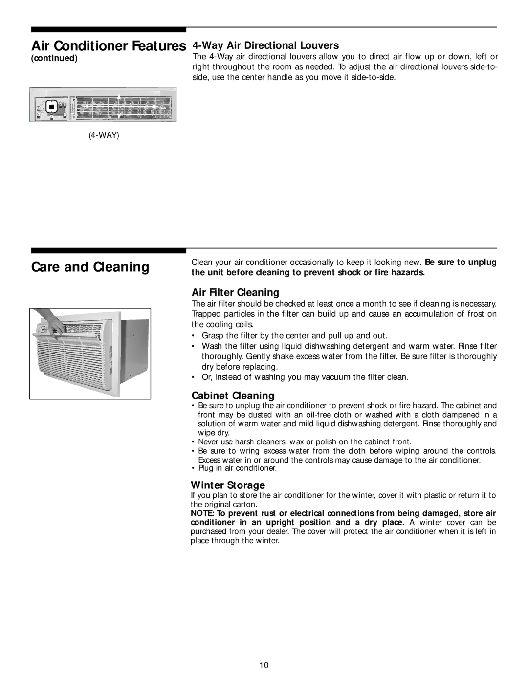 Frigidaire THRU-THE-WALL AIR CONDITIONER manual Care and Cleaning, Way Air Directional Louvers, Air Filter Cleaning 