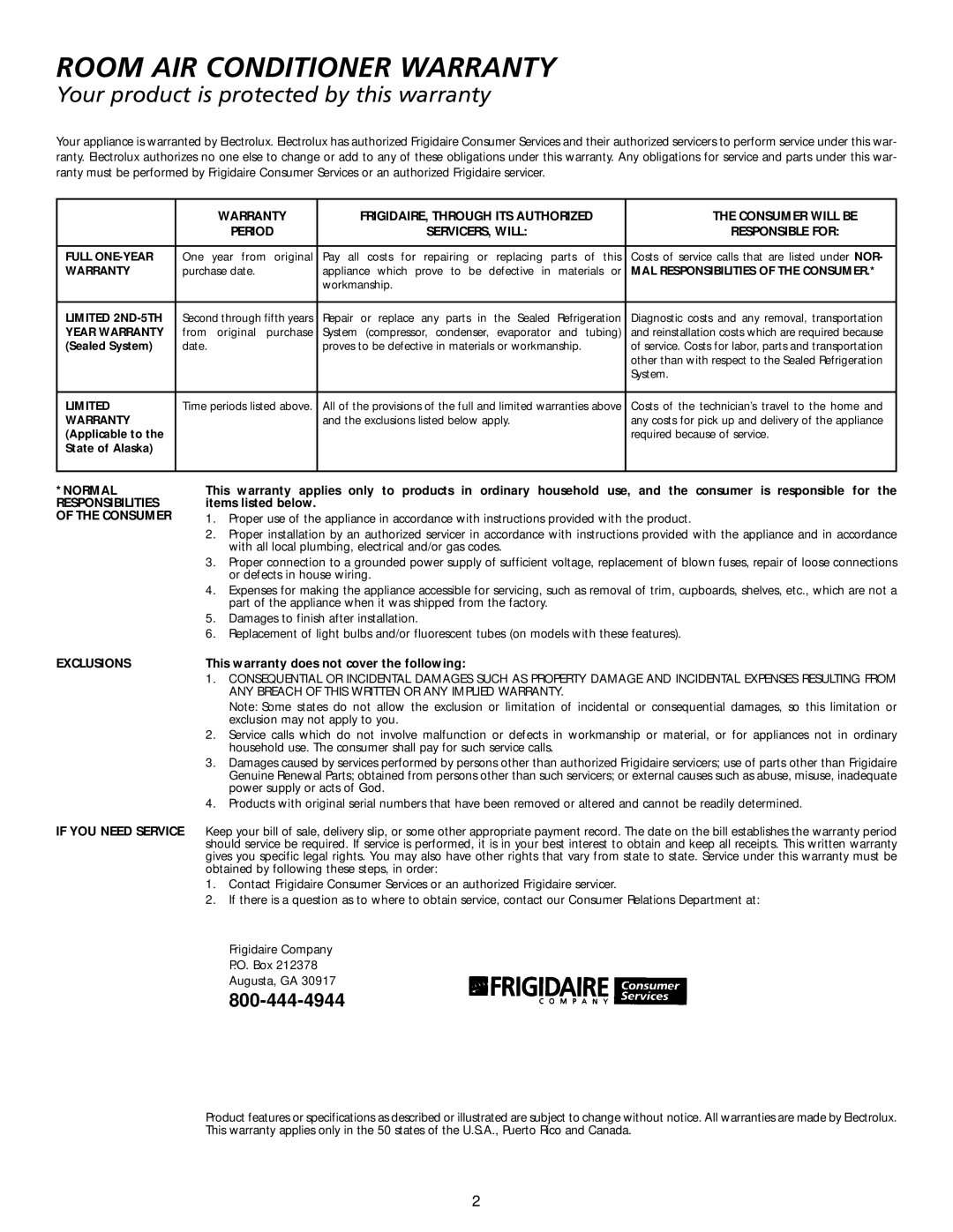 Frigidaire THRU-THE-WALL AIR CONDITIONER manual Room AIR Conditioner Warranty 
