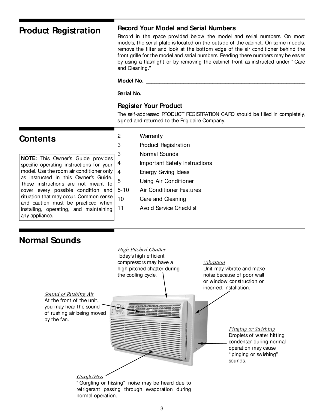 Frigidaire THRU-THE-WALL AIR CONDITIONER manual Product Registration, Contents, Normal Sounds 