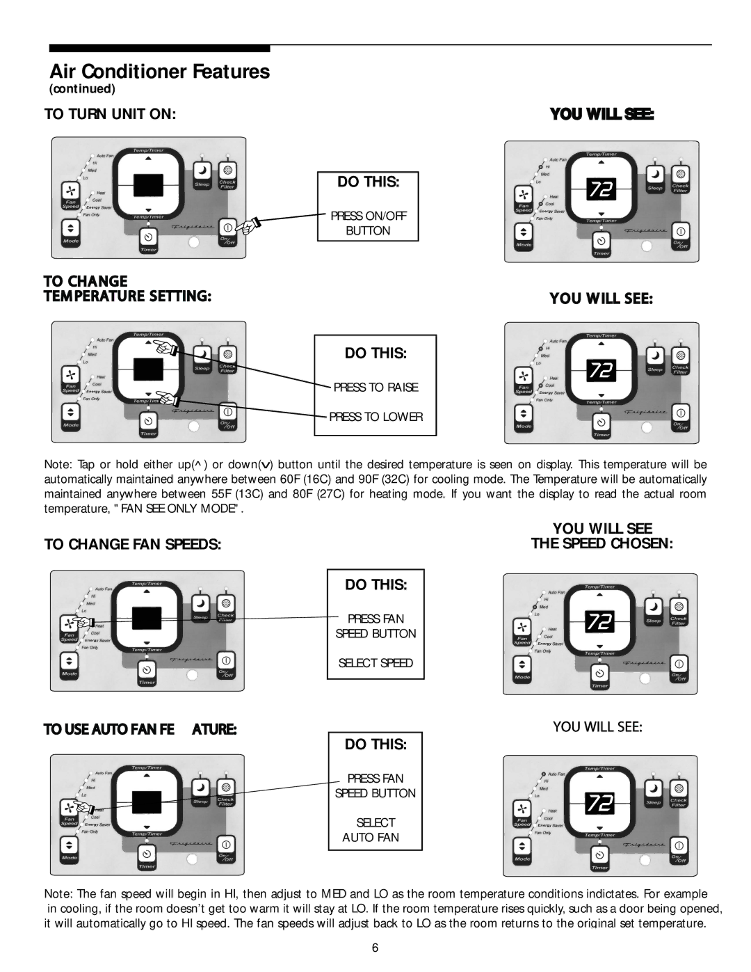 Frigidaire THRU-THE-WALL AIR CONDITIONER To Turn Unit on, Do this, To Change TEM Perature Setting, To Change FAN Speeds 