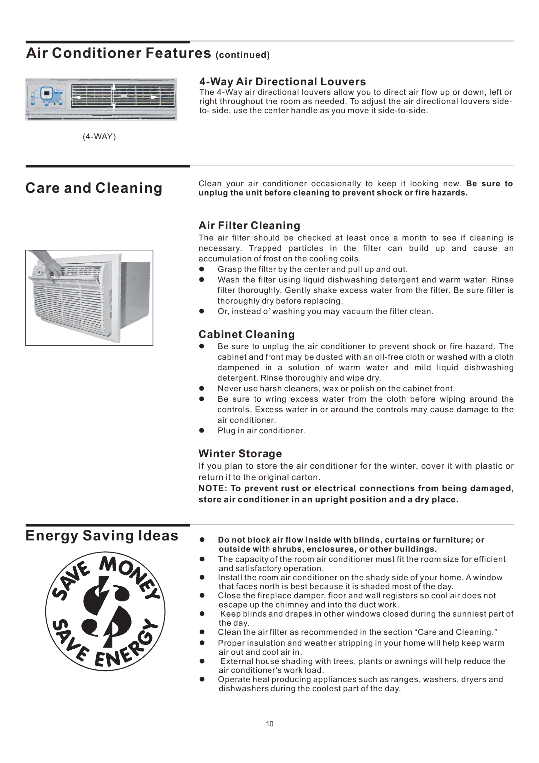 Frigidaire THRU-THE-WALL ELECTRONIC CONTROL AIR CONDITIONER manual Care and Cleaning, Energy Saving Ideas 