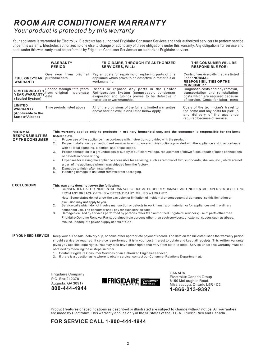 Frigidaire THRU-THE-WALL ELECTRONIC CONTROL AIR CONDITIONER manual Room AIR Conditioner Warranty 