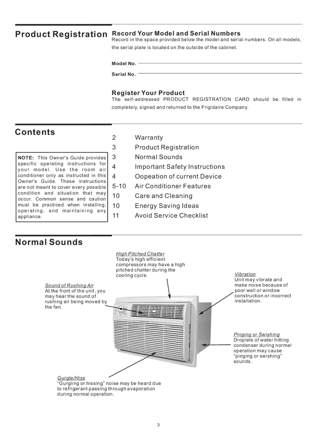 Frigidaire THRU-THE-WALL ELECTRONIC CONTROL AIR CONDITIONER manual Contents, Normal Sounds 