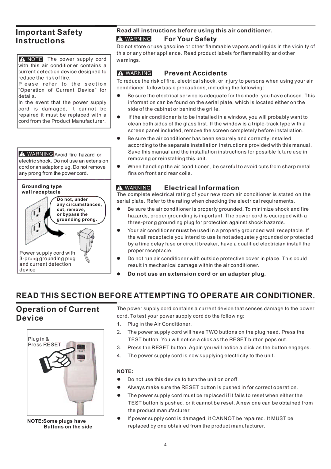 Frigidaire THRU-THE-WALL ELECTRONIC CONTROL AIR CONDITIONER Important Safety Instructions, Grounding type wall receptacle 