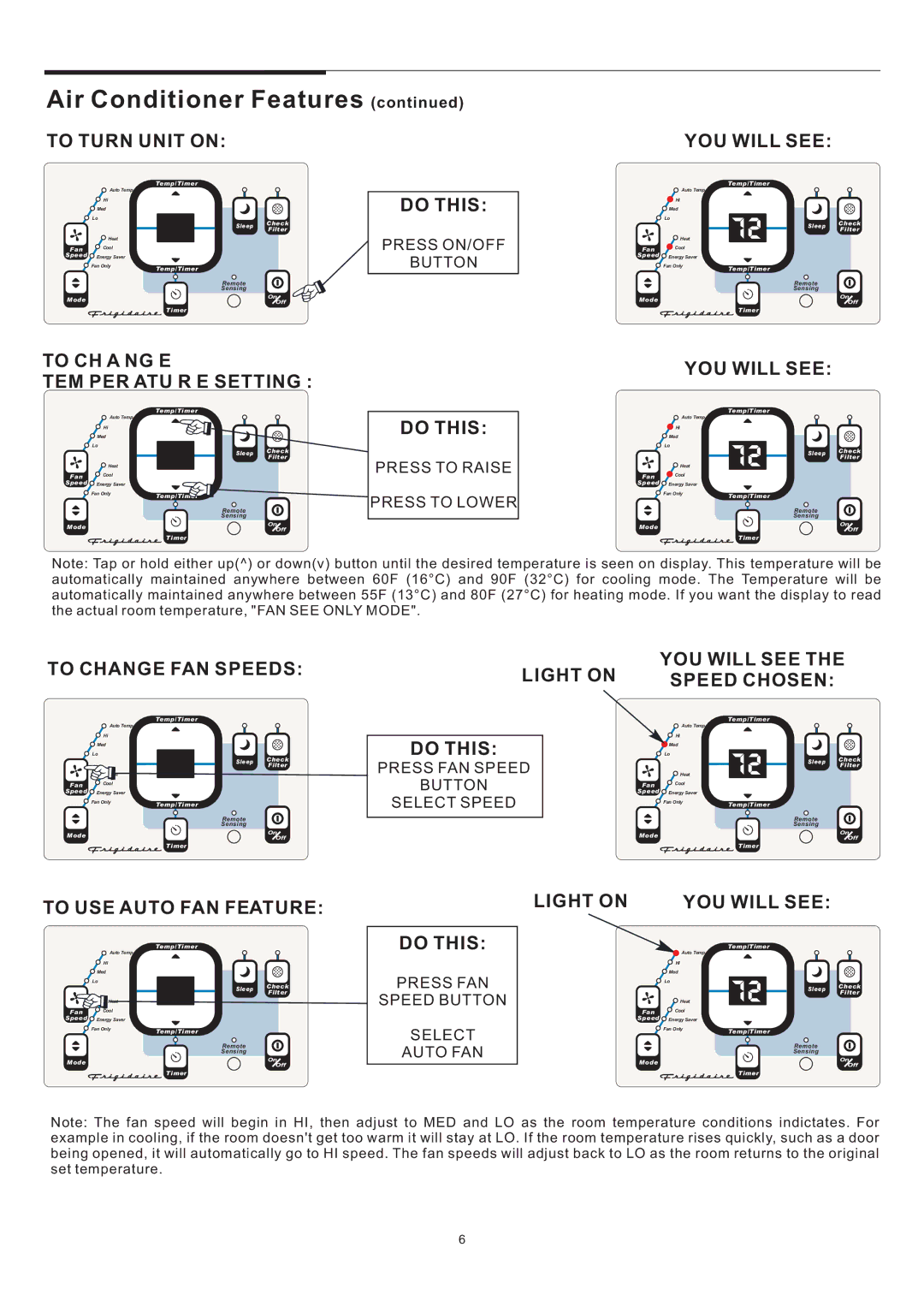 Frigidaire THRU-THE-WALL ELECTRONIC CONTROL AIR CONDITIONER To Turn Unit on YOU will see, Do this, To USE Auto FAN Feature 