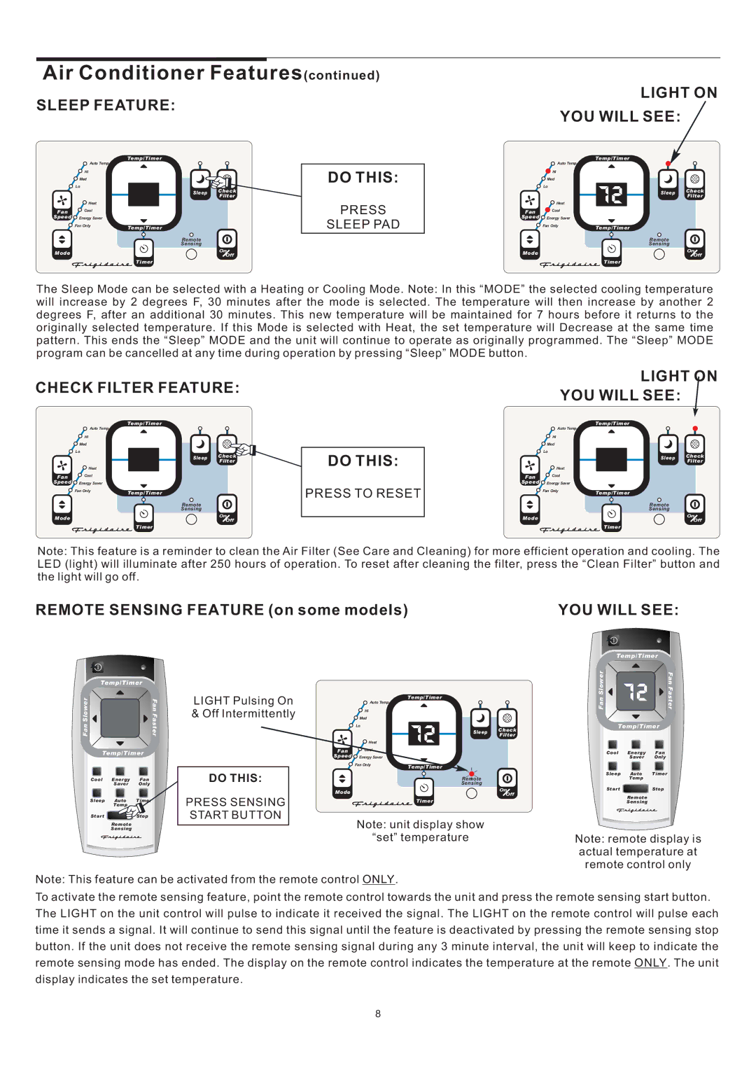 Frigidaire THRU-THE-WALL ELECTRONIC CONTROL AIR CONDITIONER Sleep Feature Light on YOU will see, Check Filter Feature 