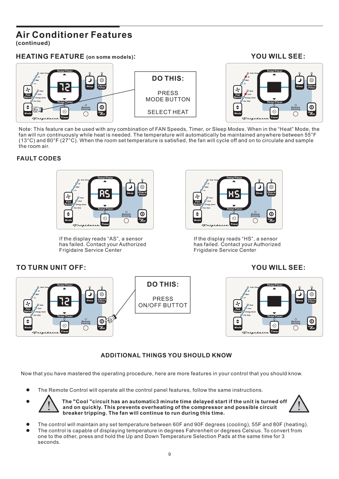 Frigidaire THRU-THE-WALL ELECTRONIC CONTROL AIR CONDITIONER manual To Turn Unit OFF, Press Mode Button Select Heat 