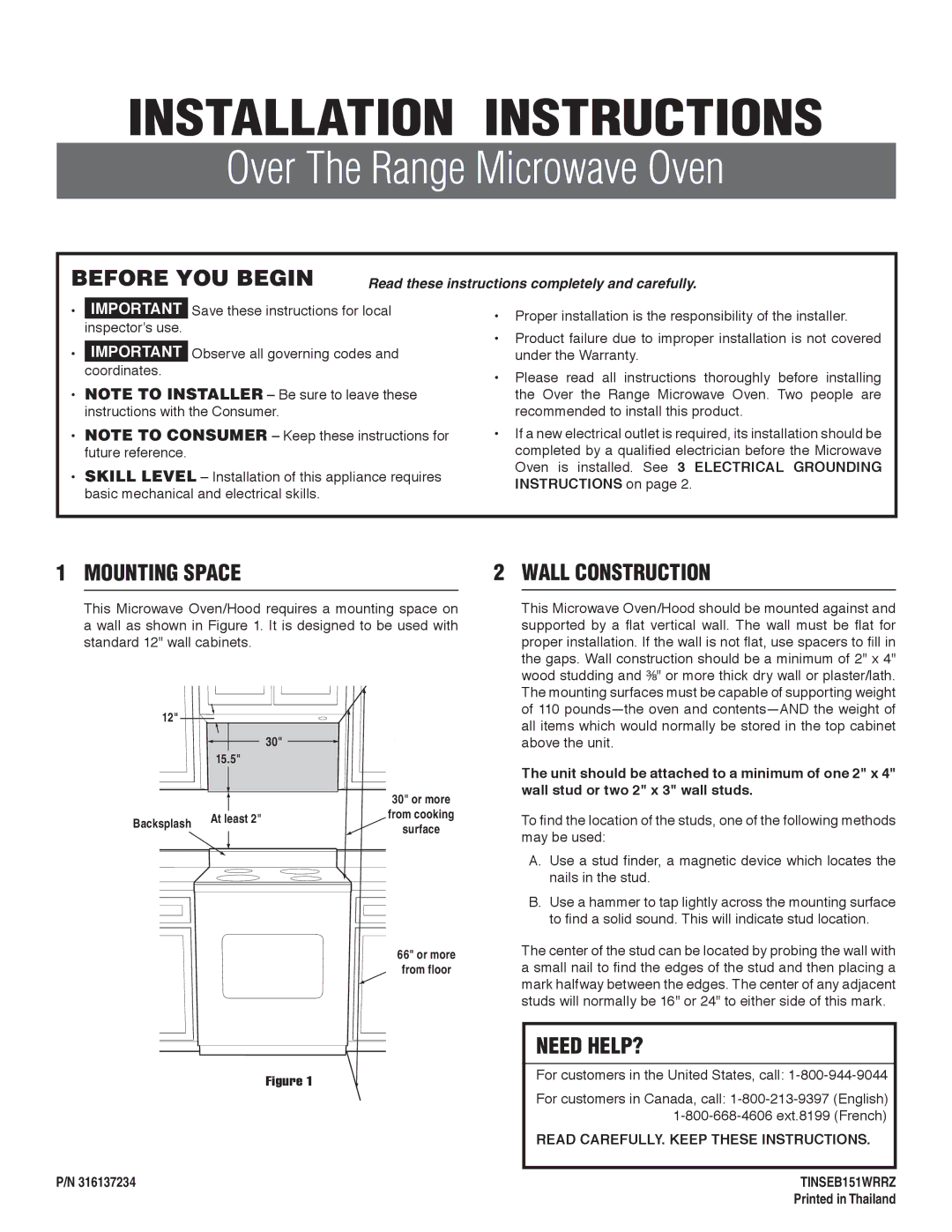 Frigidaire 316137234 installation instructions Before YOU Begin, Mounting Space, Wall Construction, Need HELP? 