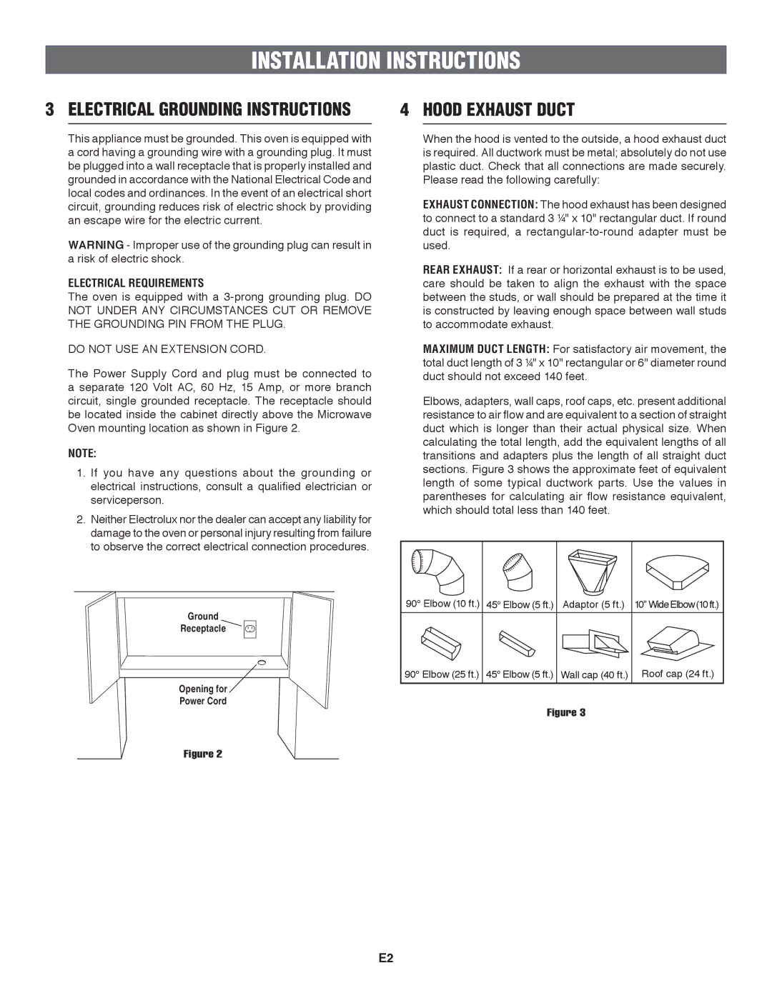 Frigidaire TINSEB151WRRZ, 316137234 Hood Exhaust Duct, Electrical Grounding Instructions, Do not USE AN Extension Cord 