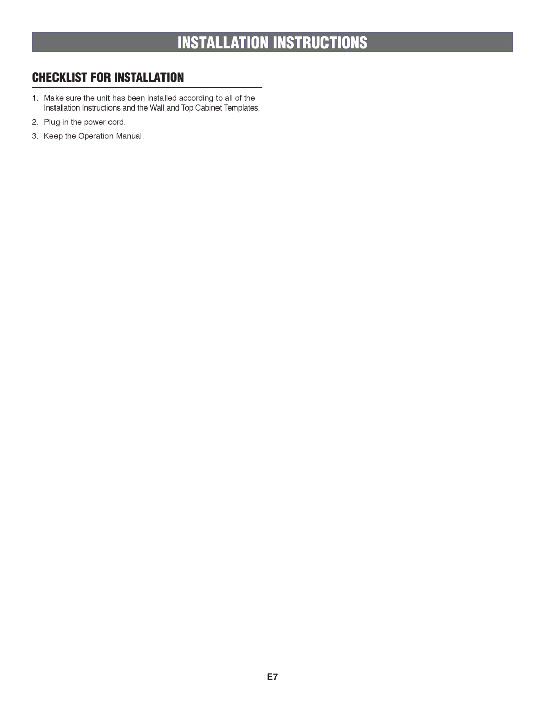 Frigidaire 316137234, TINSEB151WRRZ installation instructions Checklist for Installation 