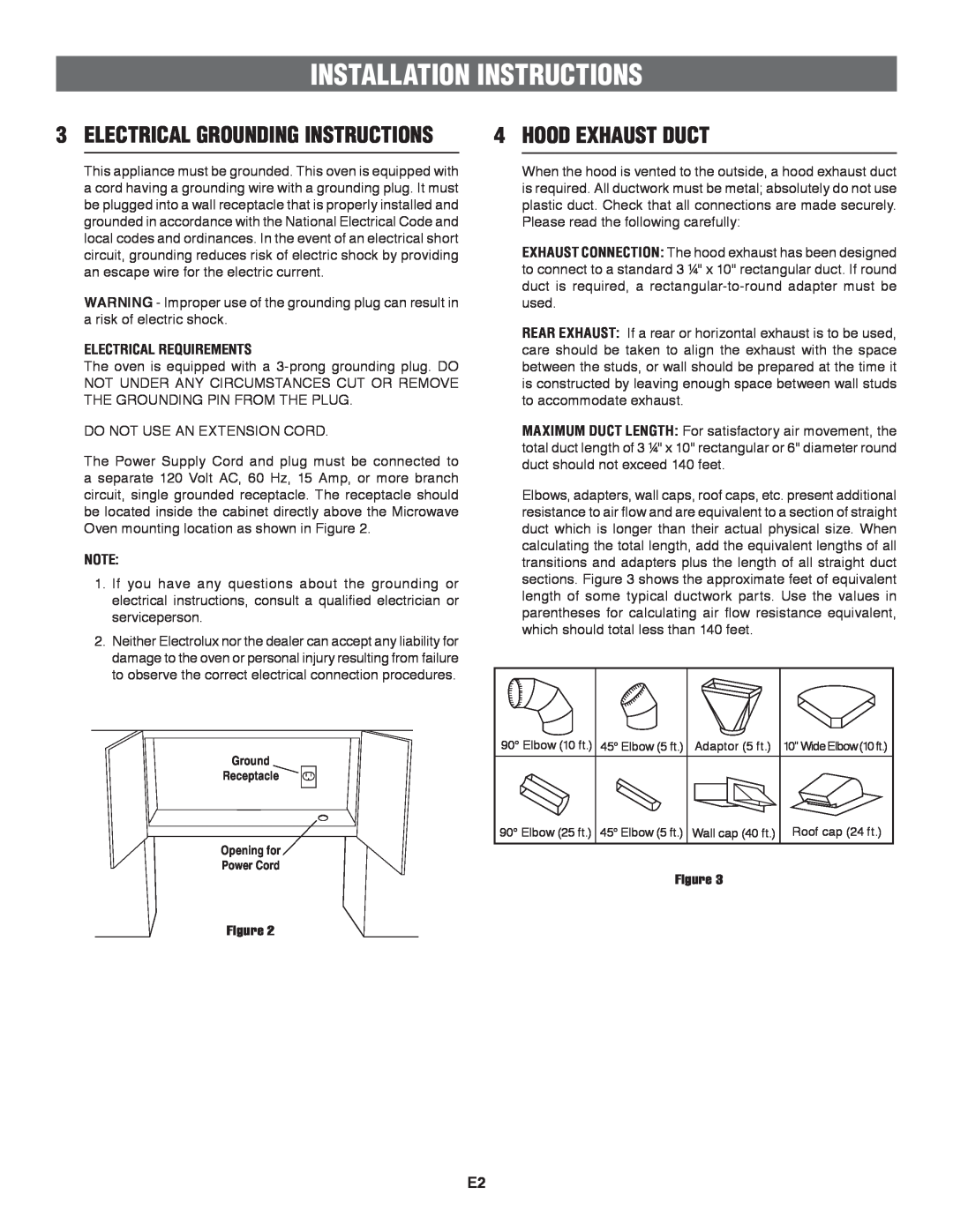 Frigidaire TINSEB151WRRZ, 316137234 Installation Instructions, Hood Exhaust Duct, Electrical Grounding Instructions 