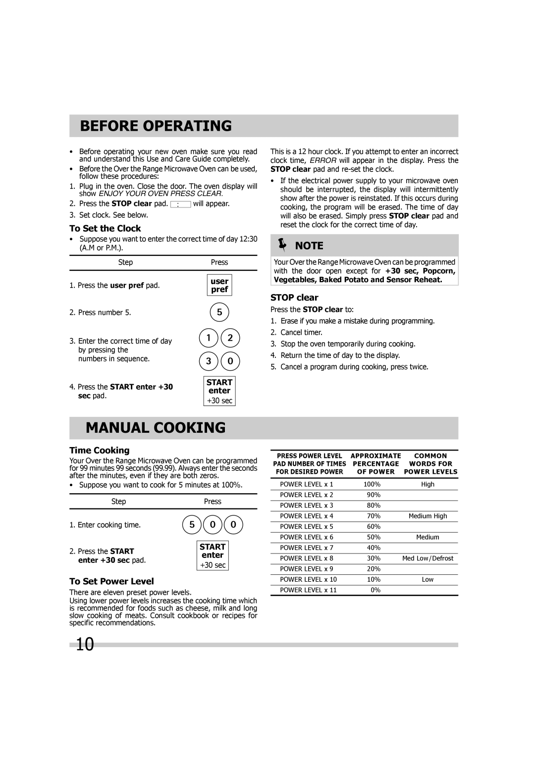 Frigidaire FGMV173KB, TINSEB299WRRZ-EL01, FGMV174KF, FGMV173KQ, FGMV173KW, 316902449 Before Operating, Manual Cooking 