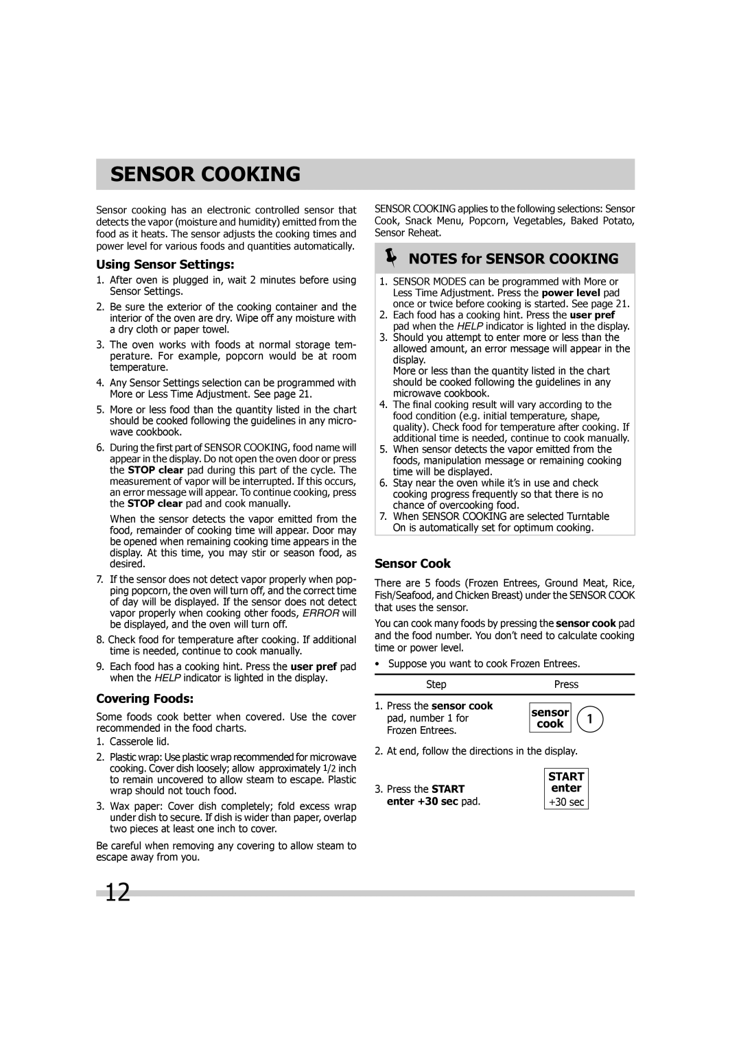 Frigidaire TINSEB299WRRZ-EL01, FGMV174KF, FGMV173KQ, FGMV173KW Sensor Cooking, Using Sensor Settings, Covering Foods 