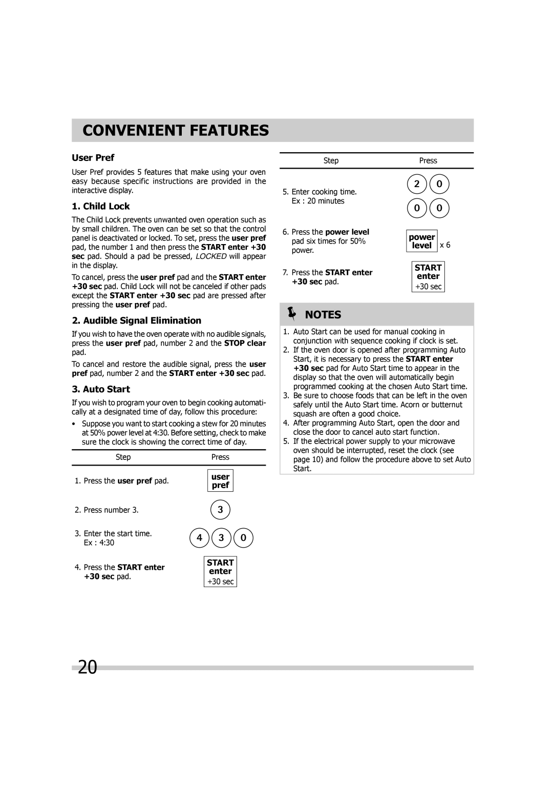 Frigidaire FGMV173KQ, FGMV174KF Convenient Features, User Pref, Child Lock, Audible Signal Elimination, Auto Start 