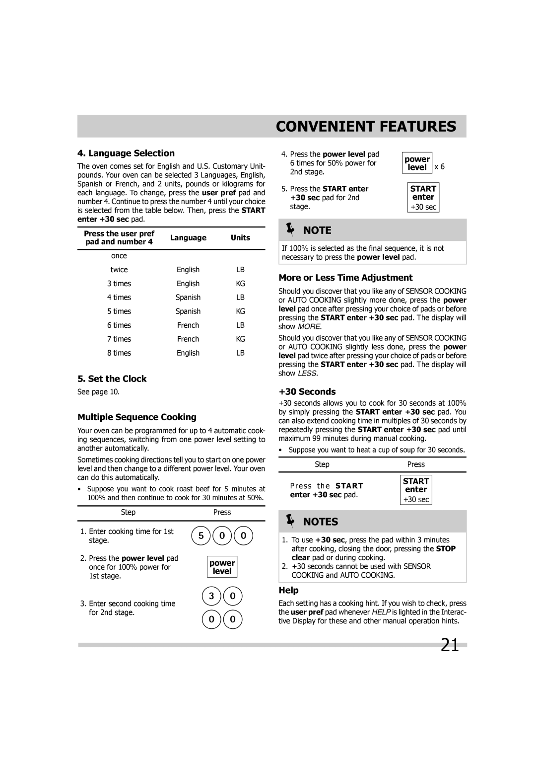 Frigidaire FGMV173KW Language Selection, Multiple Sequence Cooking, More or Less Time Adjustment, +30 Seconds, Help 