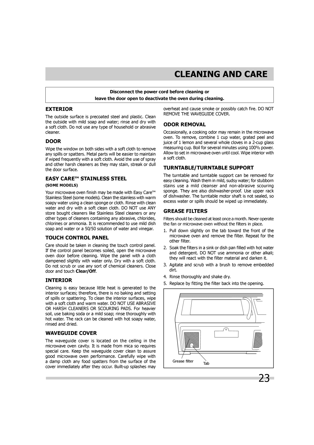 Frigidaire 316902449, TINSEB299WRRZ-EL01, FGMV174KF, FGMV173KQ, FGMV173KW, FGMV173KB Cleaning and Care 