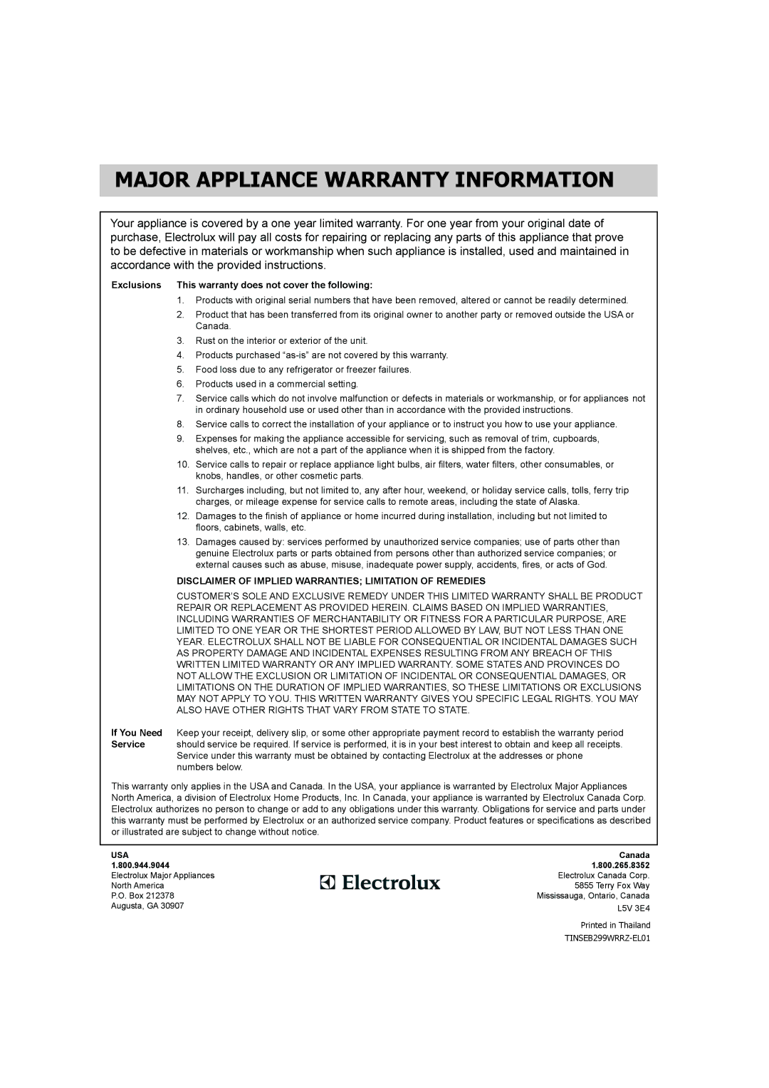 Frigidaire FGMV173KQ Major Appliance Warranty Information, Exclusions This warranty does not cover the following 