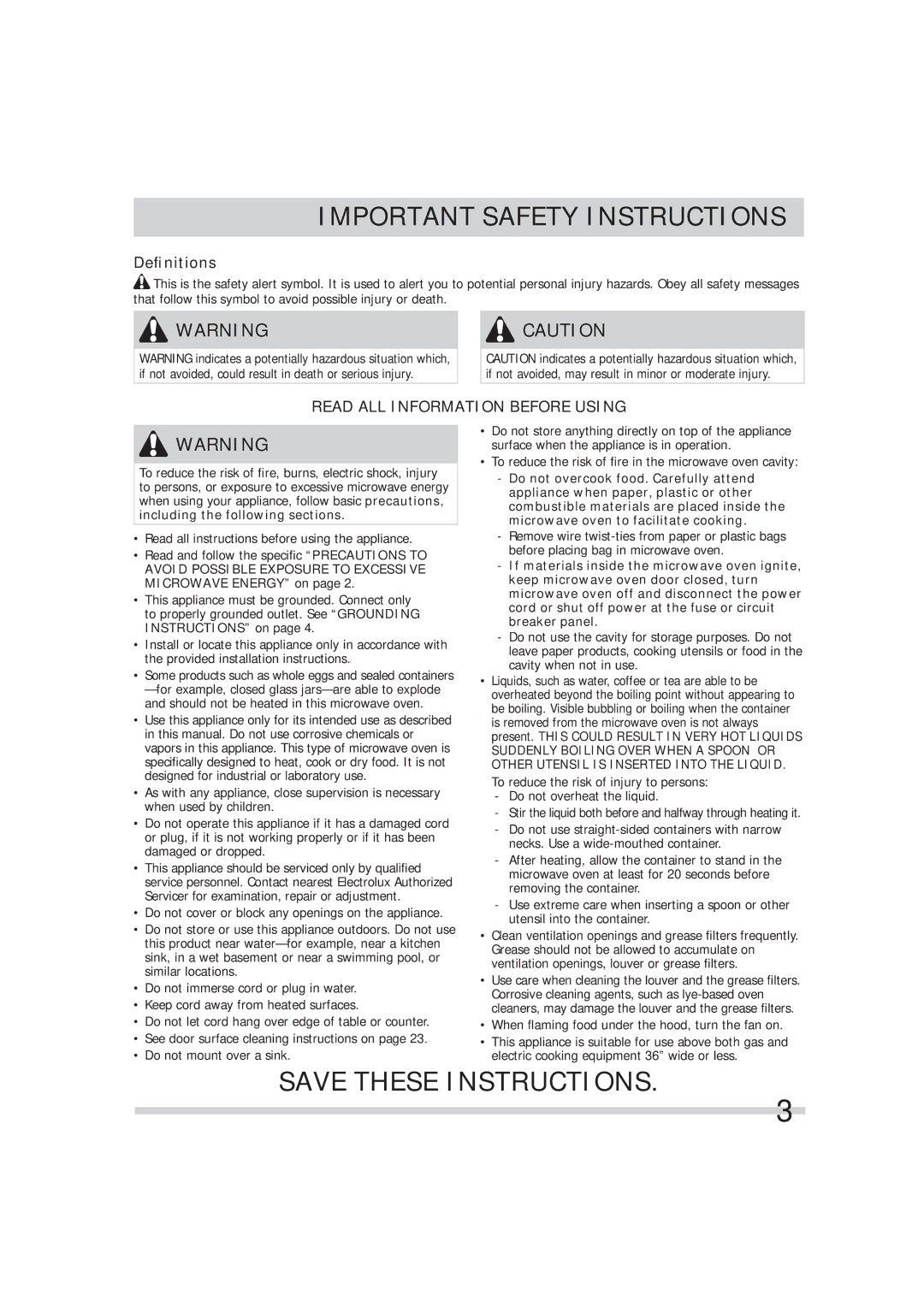 Frigidaire FGMV173KW, TINSEB299WRRZ-EL01, FGMV174KF, FGMV173KQ, FGMV173KB, 316902449 Important Safety Instructions 