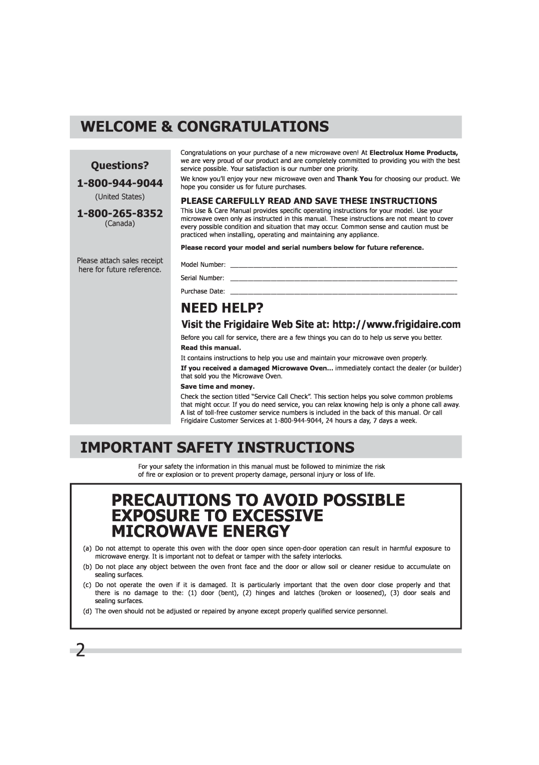 Frigidaire FGMV173KQ Welcome & Congratulations, Important Safety Instructions, Questions?, Need Help?, Read this manual 