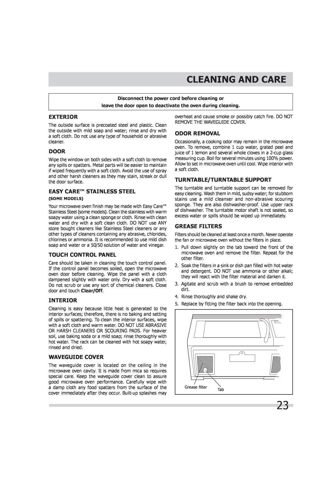 Frigidaire 316902449 Cleaning And Care, Exterior, Door, Easy Care Stainless Steel, Touch Control Panel, Interior 