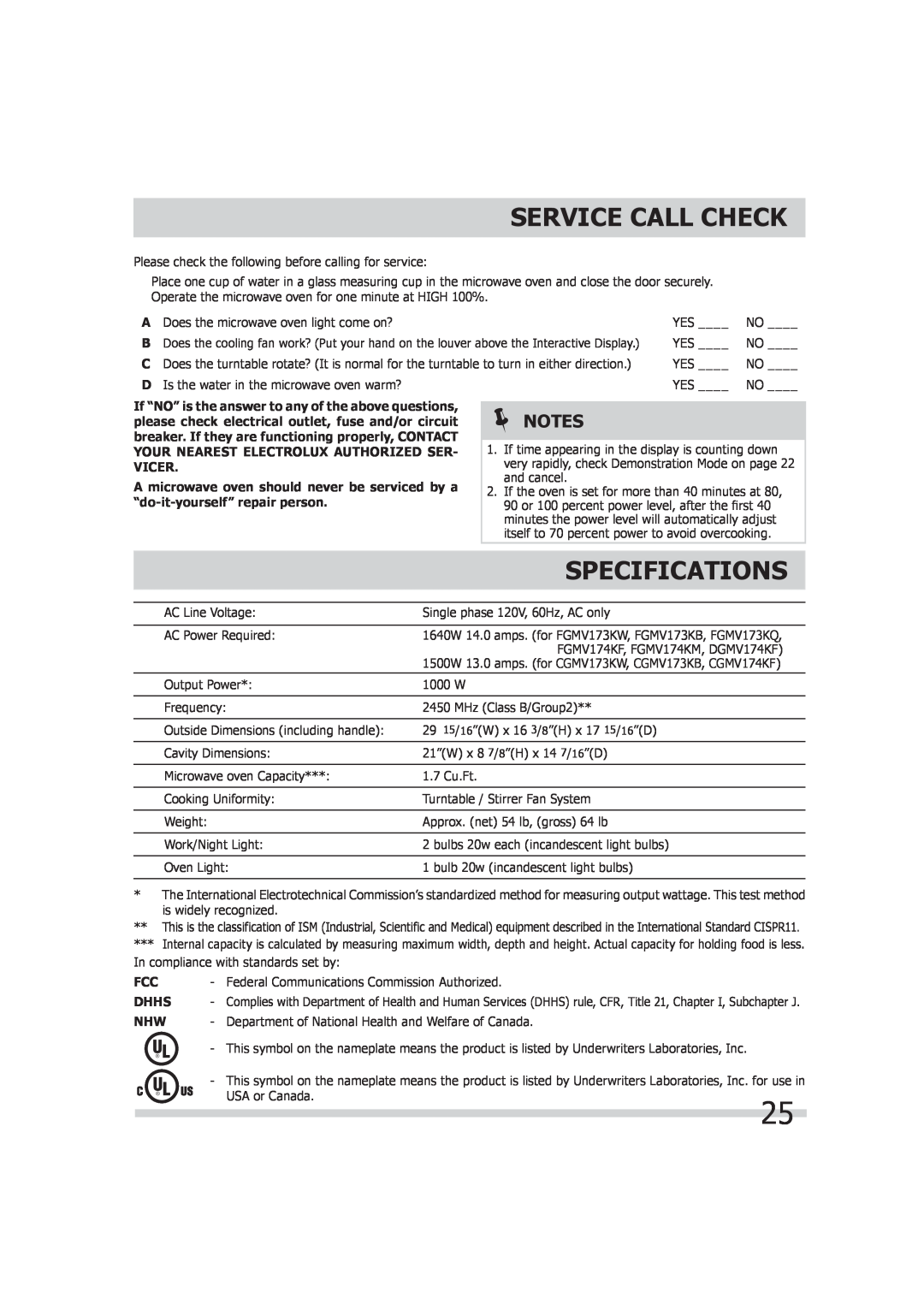 Frigidaire FGMV174KF Service Call Check, Specifications, If “NO” is the answer to any of the above questions, Vicer, Dhhs 