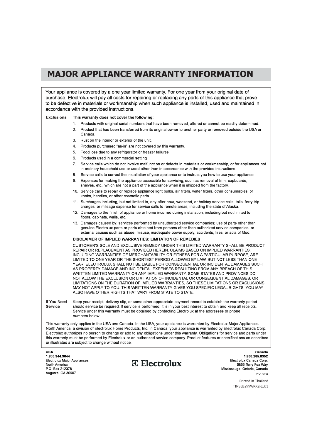 Frigidaire FGMV173KQ Major Appliance Warranty Information, Exclusions This warranty does not cover the following 