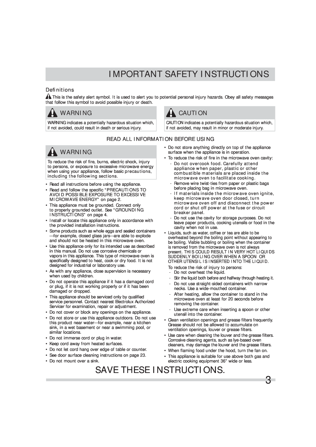 Frigidaire FGMV173KW Important Safety Instructions, Save These Instructions, Deﬁnitions, Read All Information Before Using 