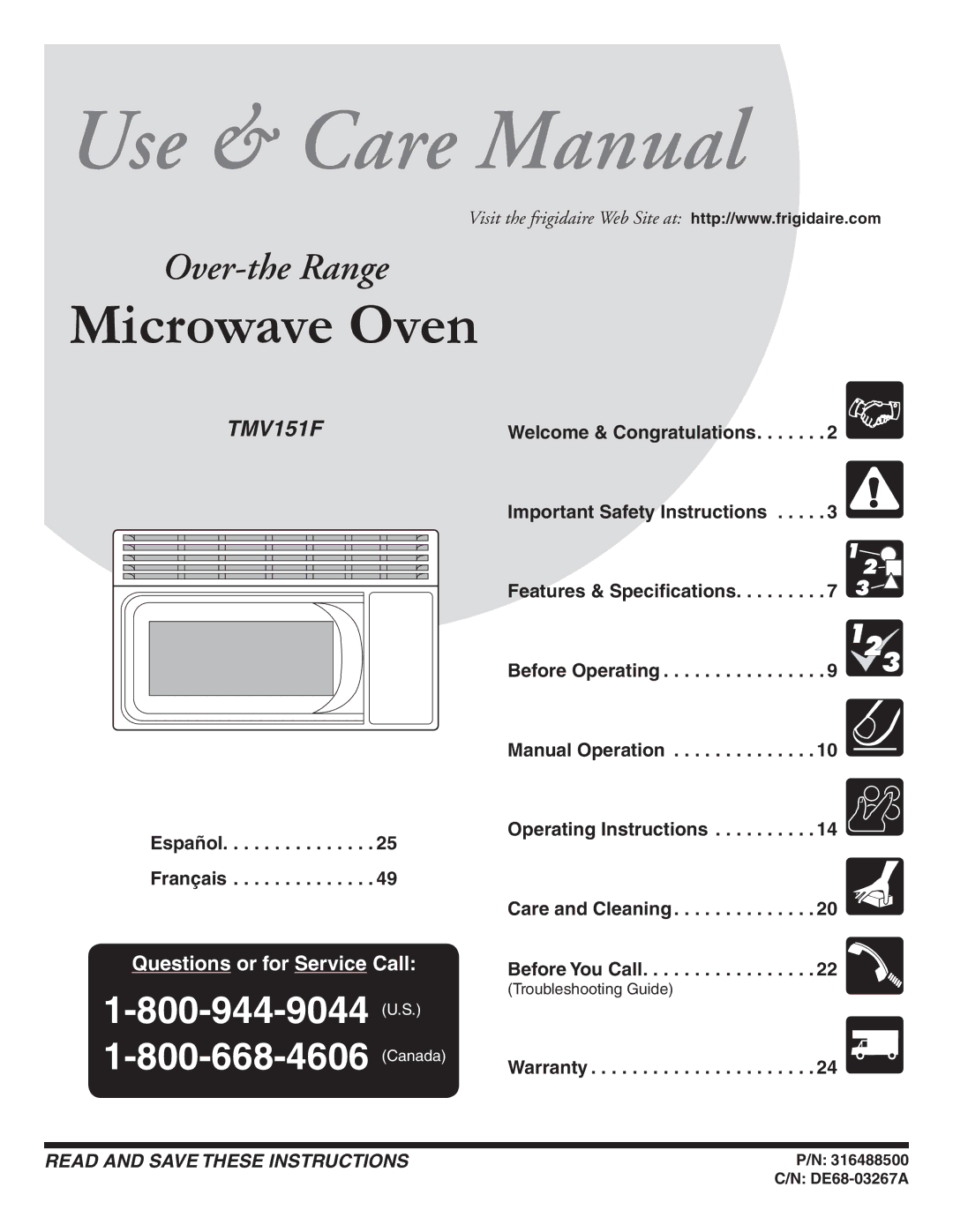 Frigidaire TMV151F important safety instructions Microwave Oven, 316488500 C/N DE68-03267A 