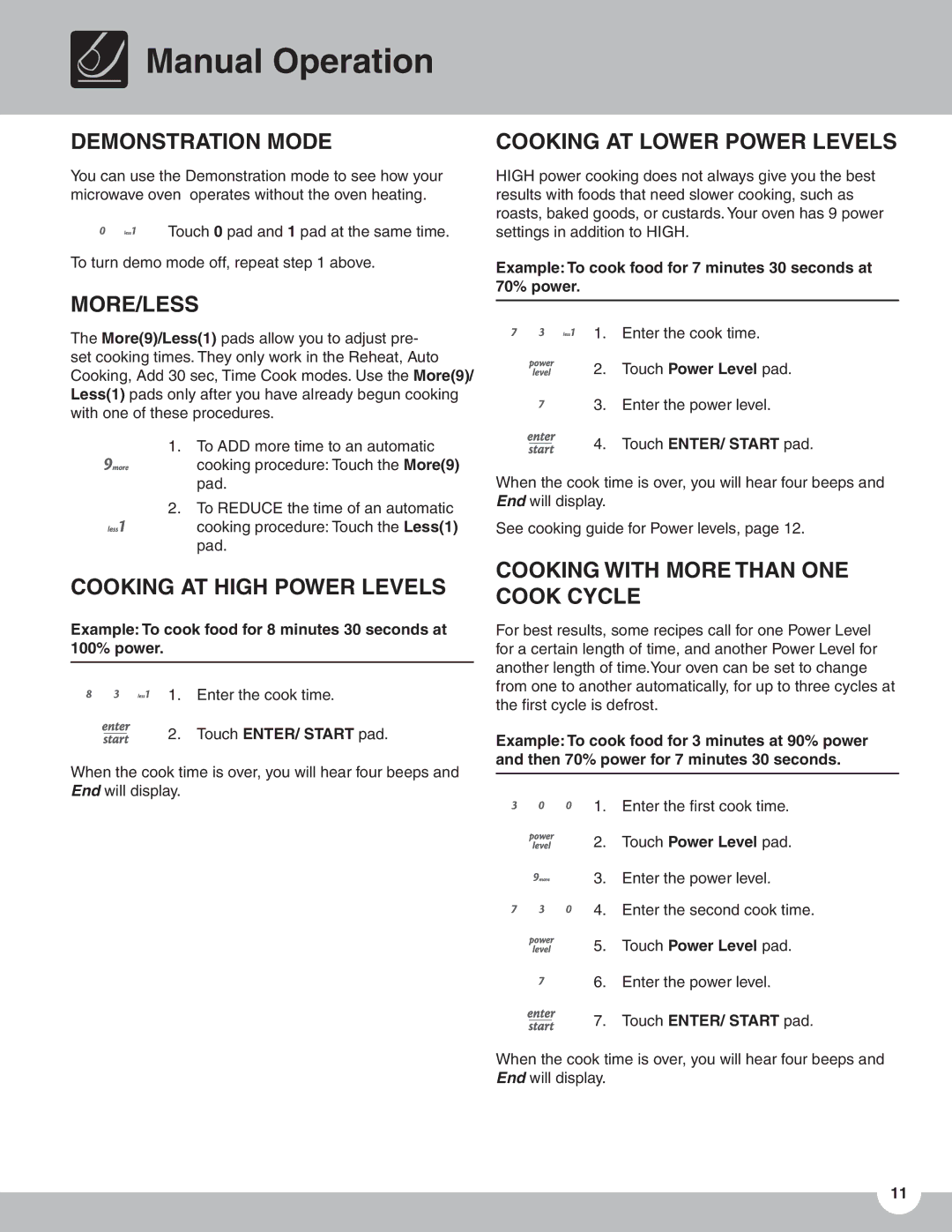 Frigidaire TMV151F Demonstration Mode, More/Less, Cooking AT High Power Levels, Cooking AT Lower Power Levels 