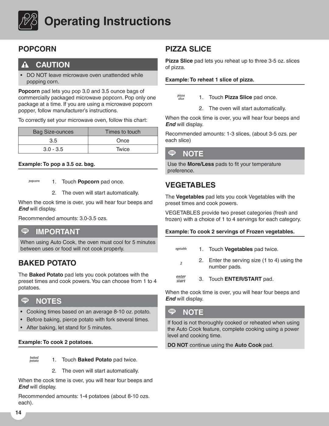 Frigidaire TMV151F important safety instructions Operating Instructions, Popcorn, Baked Potato, Pizza Slice, Vegetables 