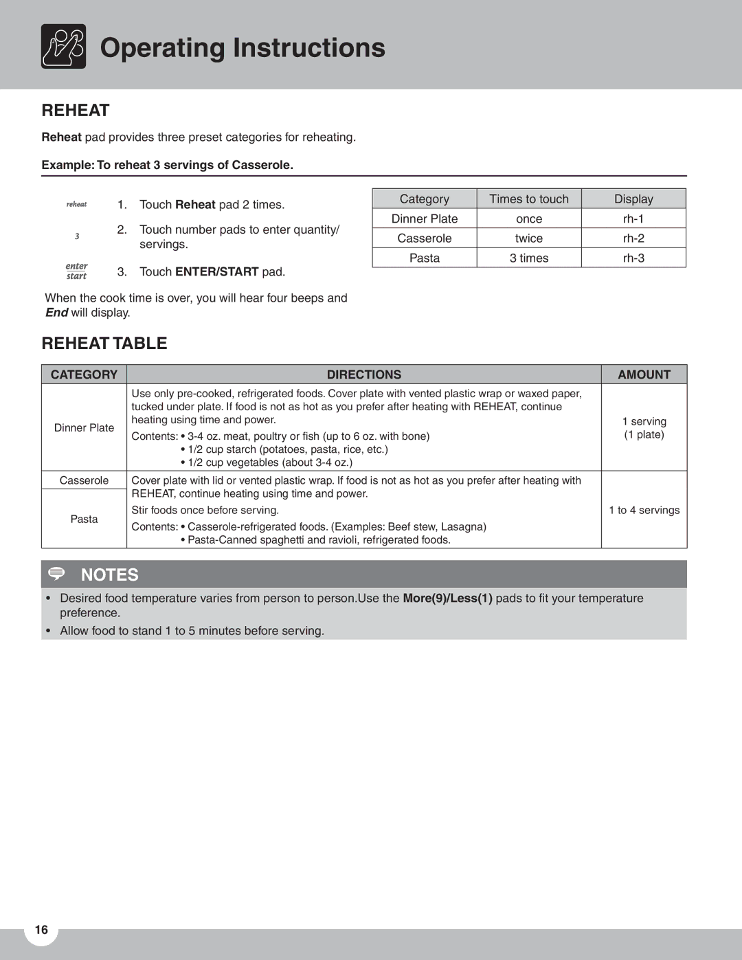 Frigidaire TMV151F Reheat Table, Example To reheat 3 servings of Casserole, Category Directions Amount 