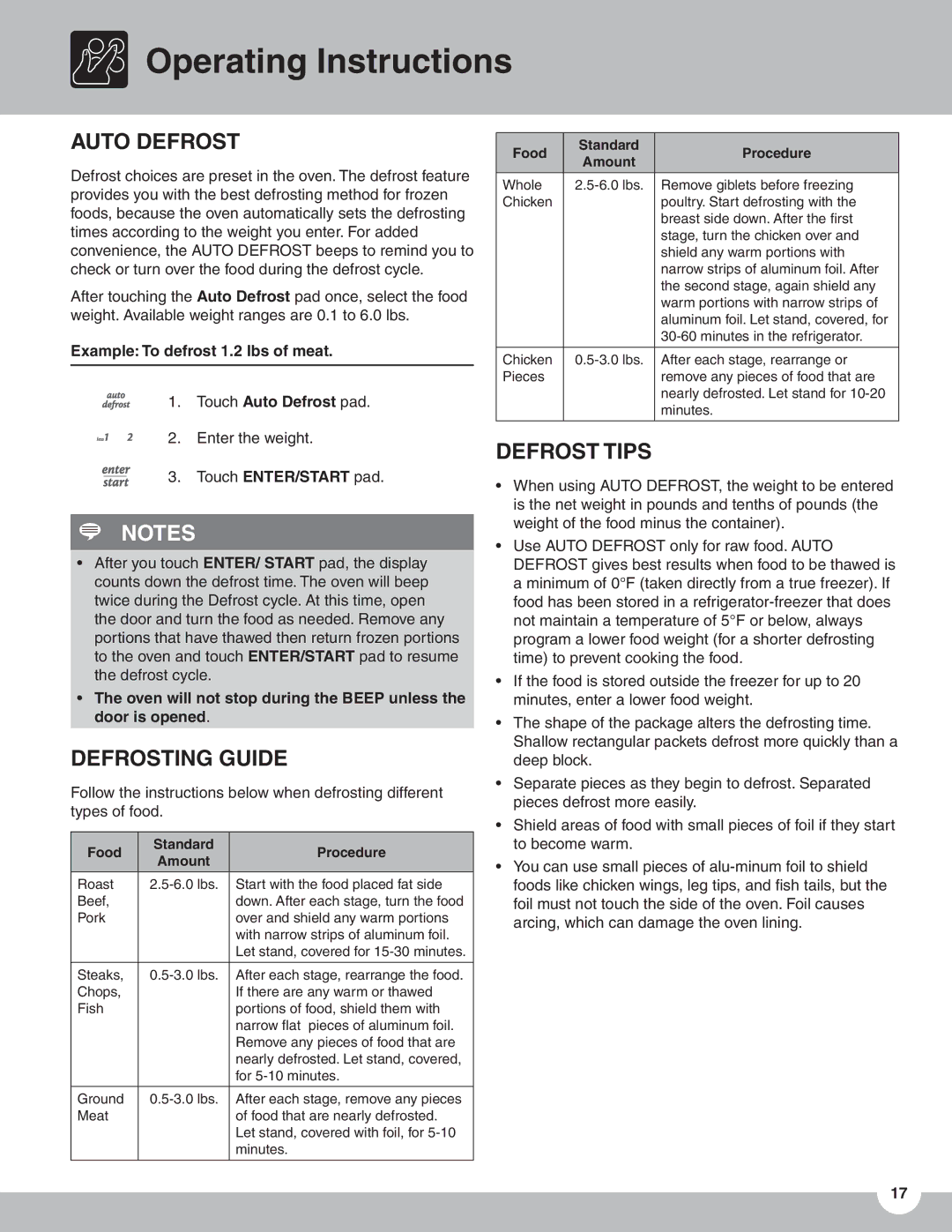 Frigidaire TMV151F Auto Defrost, Defrosting Guide, Defrost Tips, Example To defrost 1.2 lbs of meat 