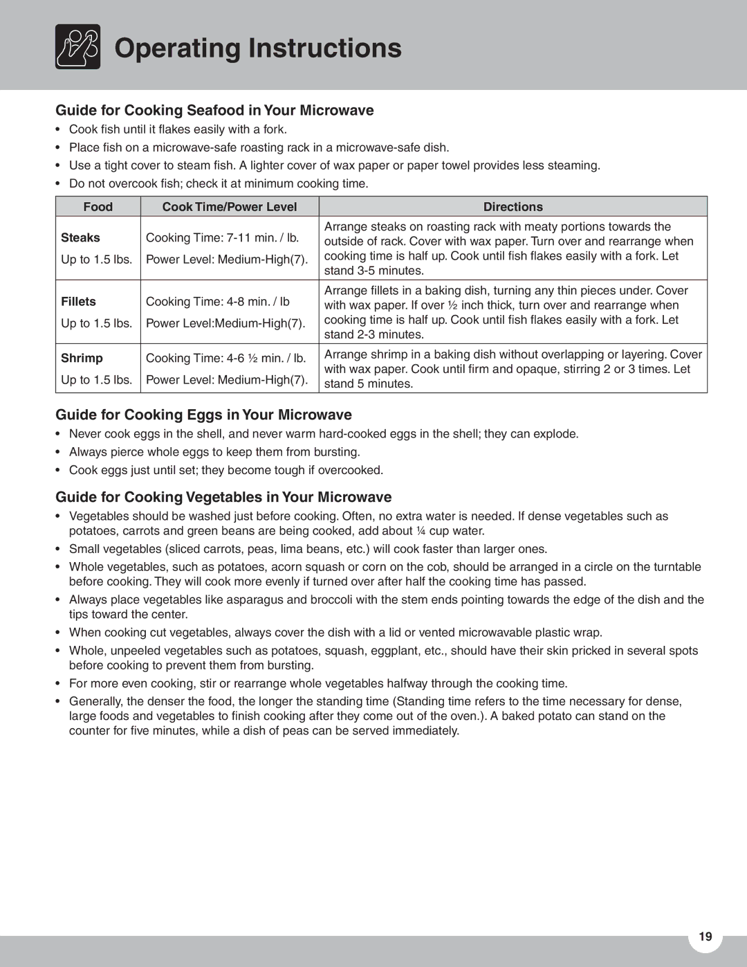 Frigidaire TMV151F important safety instructions Food Cook Time/Power Level Directions Steaks, Fillets, Shrimp 