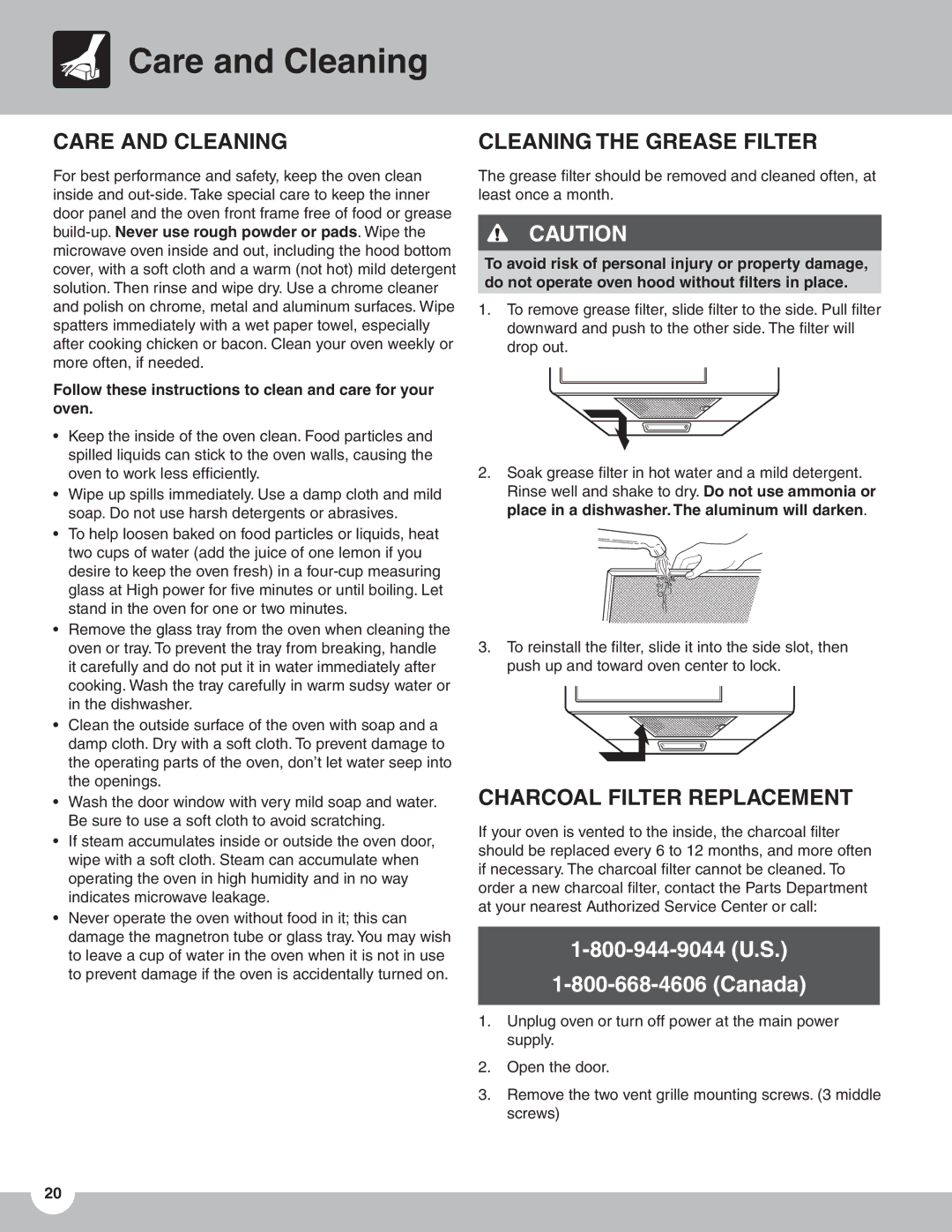 Frigidaire TMV151F important safety instructions Care and Cleaning, Cleaning the Grease Filter, Charcoal Filter Replacement 