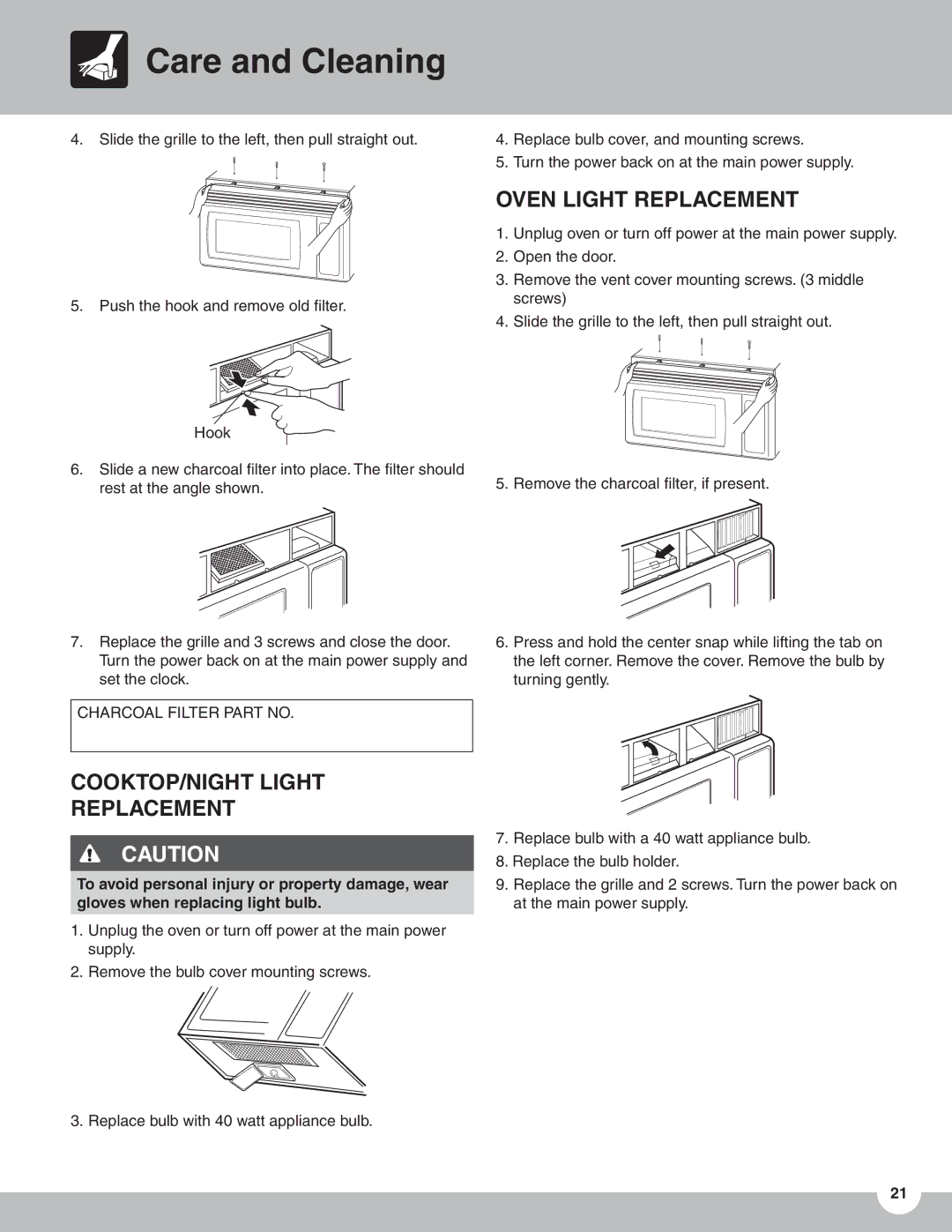 Frigidaire TMV151F important safety instructions COOKTOP/NIGHT Light Replacement, Oven Light Replacement 