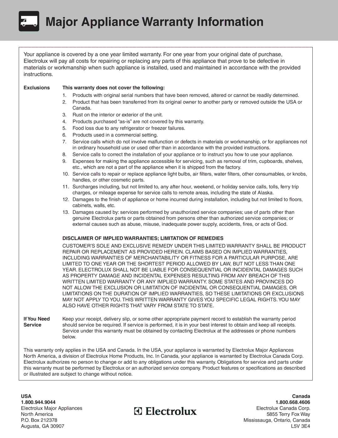 Frigidaire TMV151F Major Appliance Warranty Information, Exclusions This warranty does not cover the following 