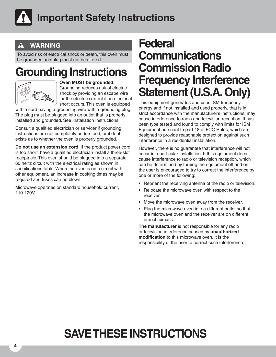 Frigidaire TMV151F Grounding Instructions, Oven Must be grounded. Grounding reduces risk of electric 