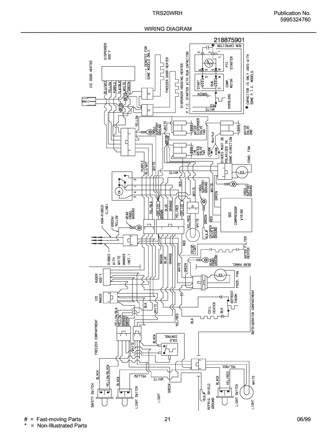 Frigidaire TRS20WRH manual Publication No, 5995324760, Wiring Diagram, Fast-movingParts, 06/99, Non-IllustratedParts 