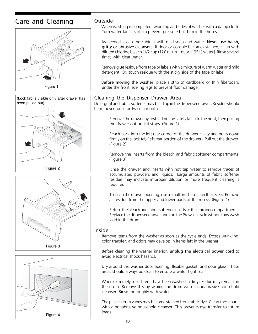 Frigidaire Tumble Action Washers CareandCleaning, If door or console becomes stained, clean with, Insideload in the drum 