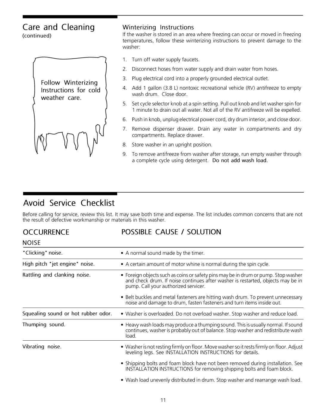 Frigidaire Tumble Action Washers warranty AvoidServiceChecklist, Thmping, Pump. Call your authorized servicer, Load 