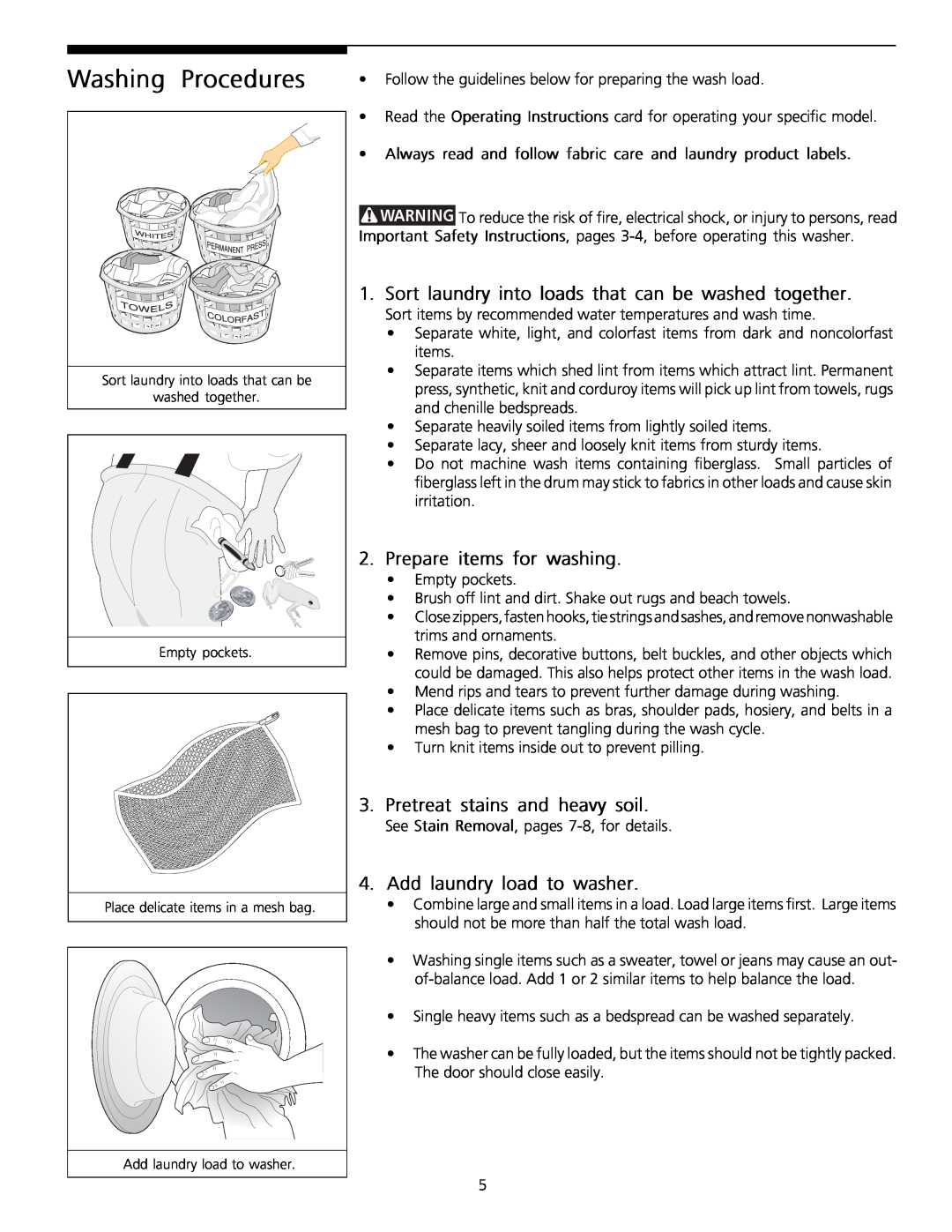 Frigidaire Tumble Action Washers warranty Prepareirritationitems. forwashing, WashingProcedures 