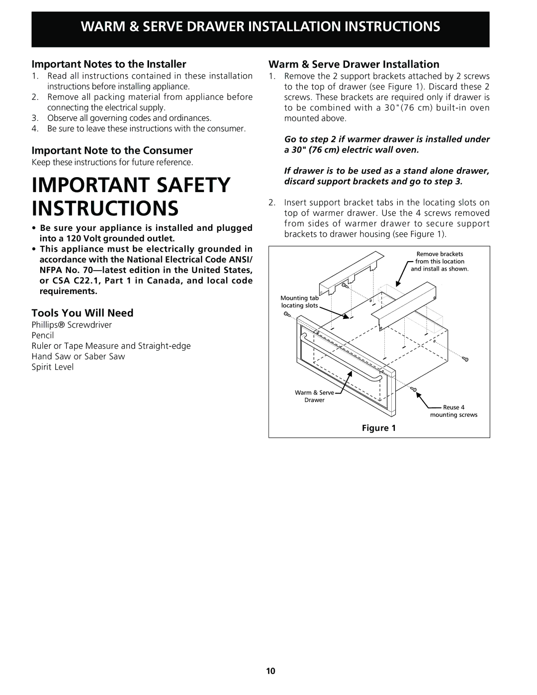 Frigidaire Warm & Serve Drawer Important Notes to the Installer, Important Note to the Consumer, Tools You Will Need 