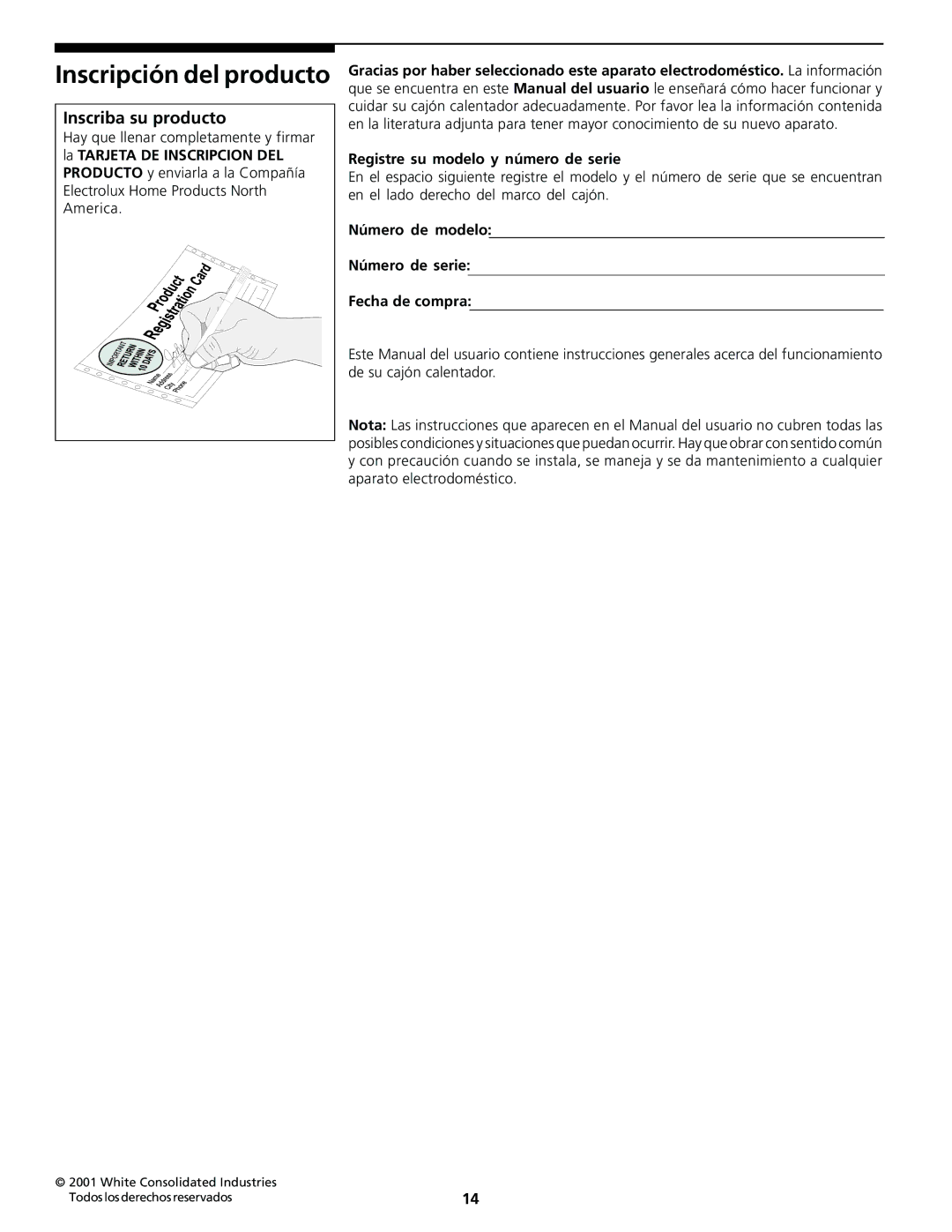 Frigidaire Warm & Serve Drawer important safety instructions Inscripción del producto, Registre su modelo y número de serie 