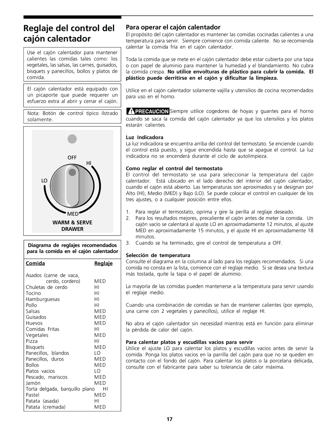 Frigidaire Warm & Serve Drawer Reglaje del control del cajón calentador, Para operar el cajón calentador 