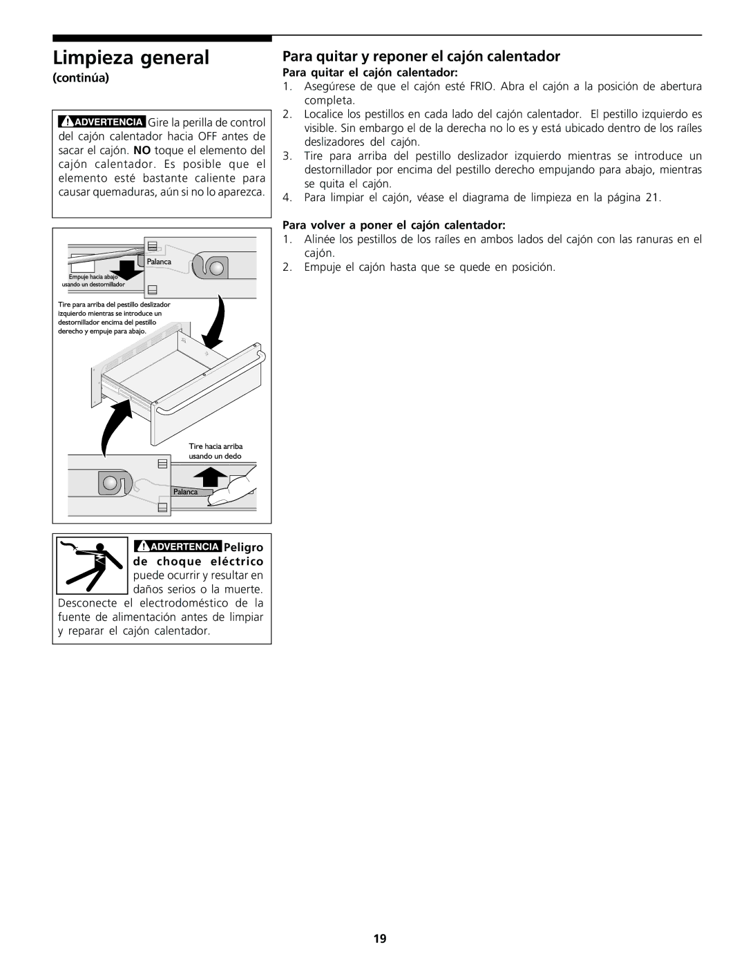 Frigidaire Warm & Serve Drawer important safety instructions Limpieza general, Para quitar y reponer el cajón calentador 