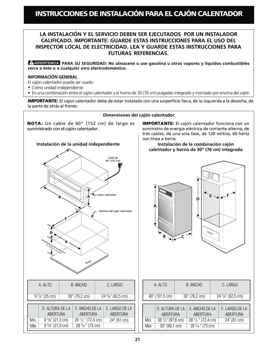 Frigidaire Warm & Serve Drawer important safety instructions Información General, Dimensiones del cajón calentador 