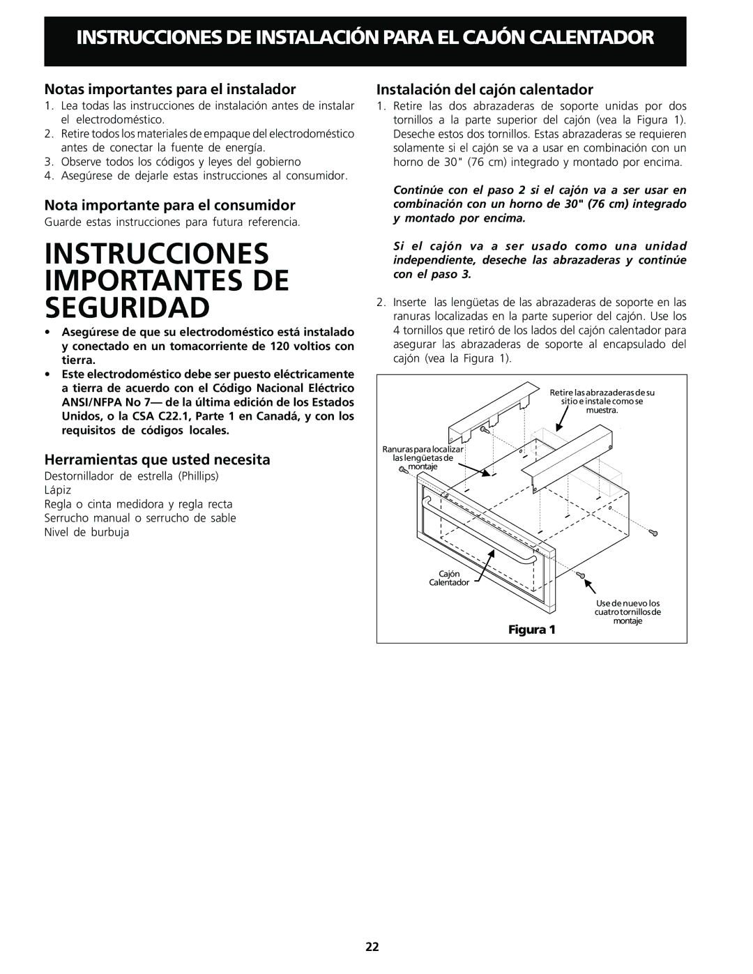 Frigidaire Warm & Serve Drawer Notas importantes para el instalador, Nota importante para el consumidor 