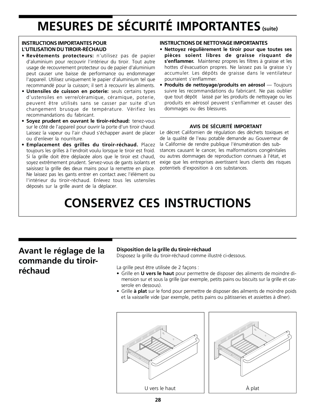 Frigidaire Warm & Serve Drawer Avant le réglage de la commande du tiroir- réchaud, Instructions DE Nettoyage Importantes 