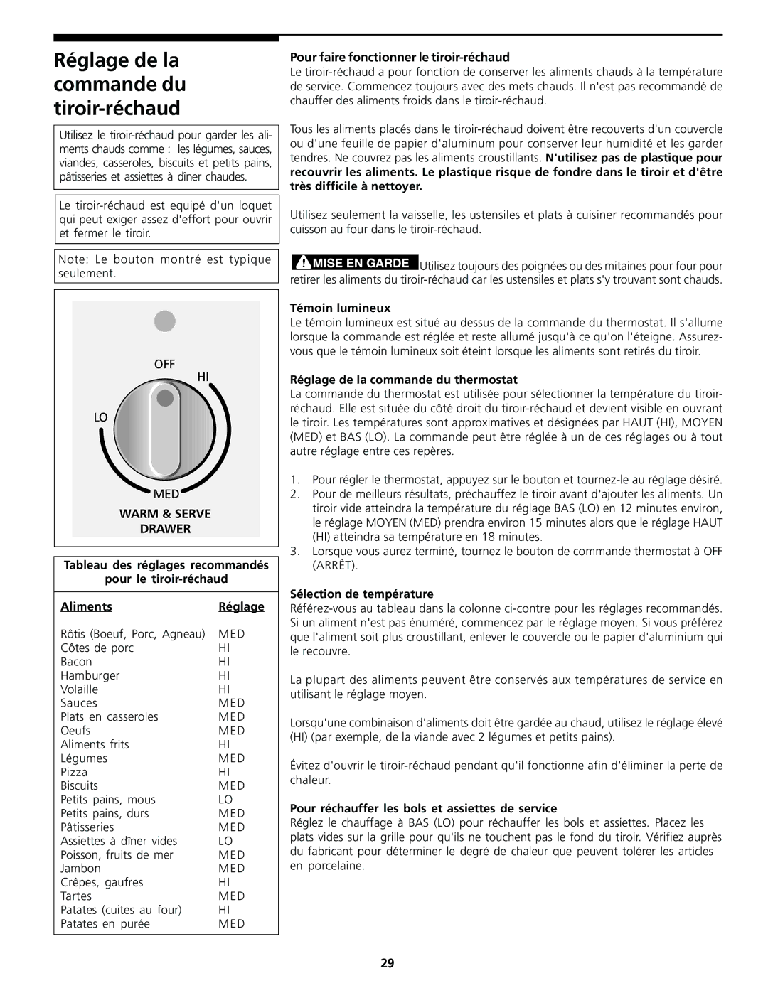 Frigidaire Warm & Serve Drawer important safety instructions Réglage de la commande du tiroir-réchaud 