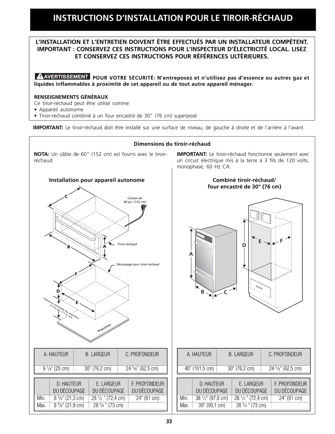 Frigidaire Warm & Serve Drawer Renseignements Généraux, Dimensions du tiroir-réchaud, Installation pour appareil autonome 